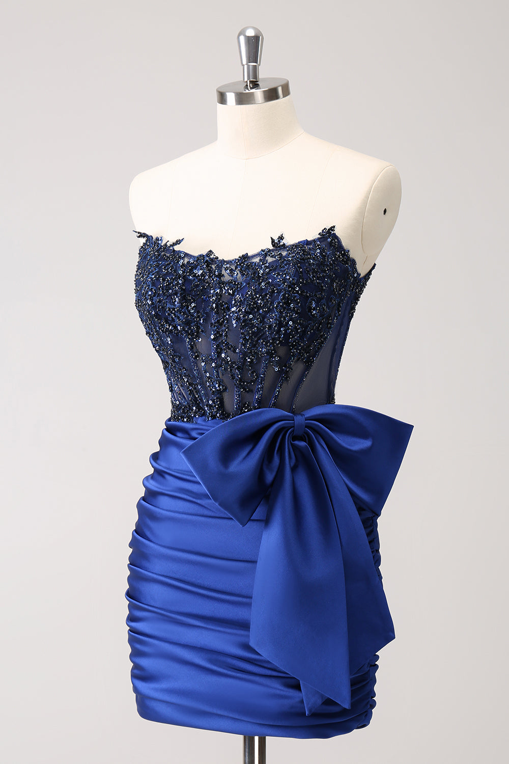Sparkly Navy Strapless Beaded Appliques Tight Homecoming Dress - Fashionpara
