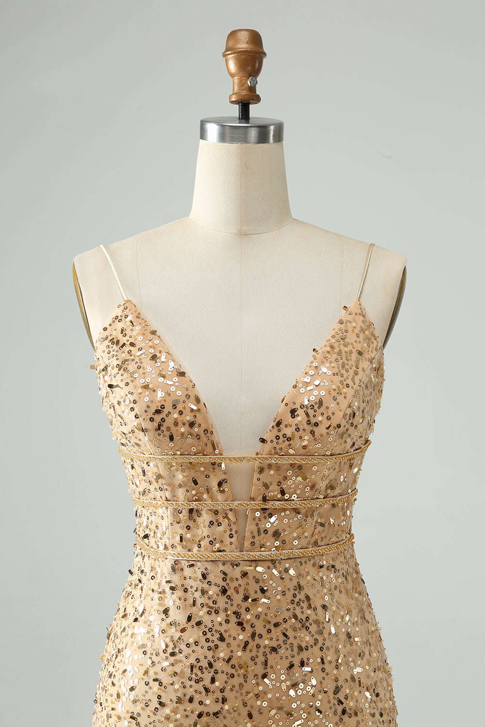 Sparkly Golden Bodycon Spaghetti Strap Short Homecoming Dress with Sequins