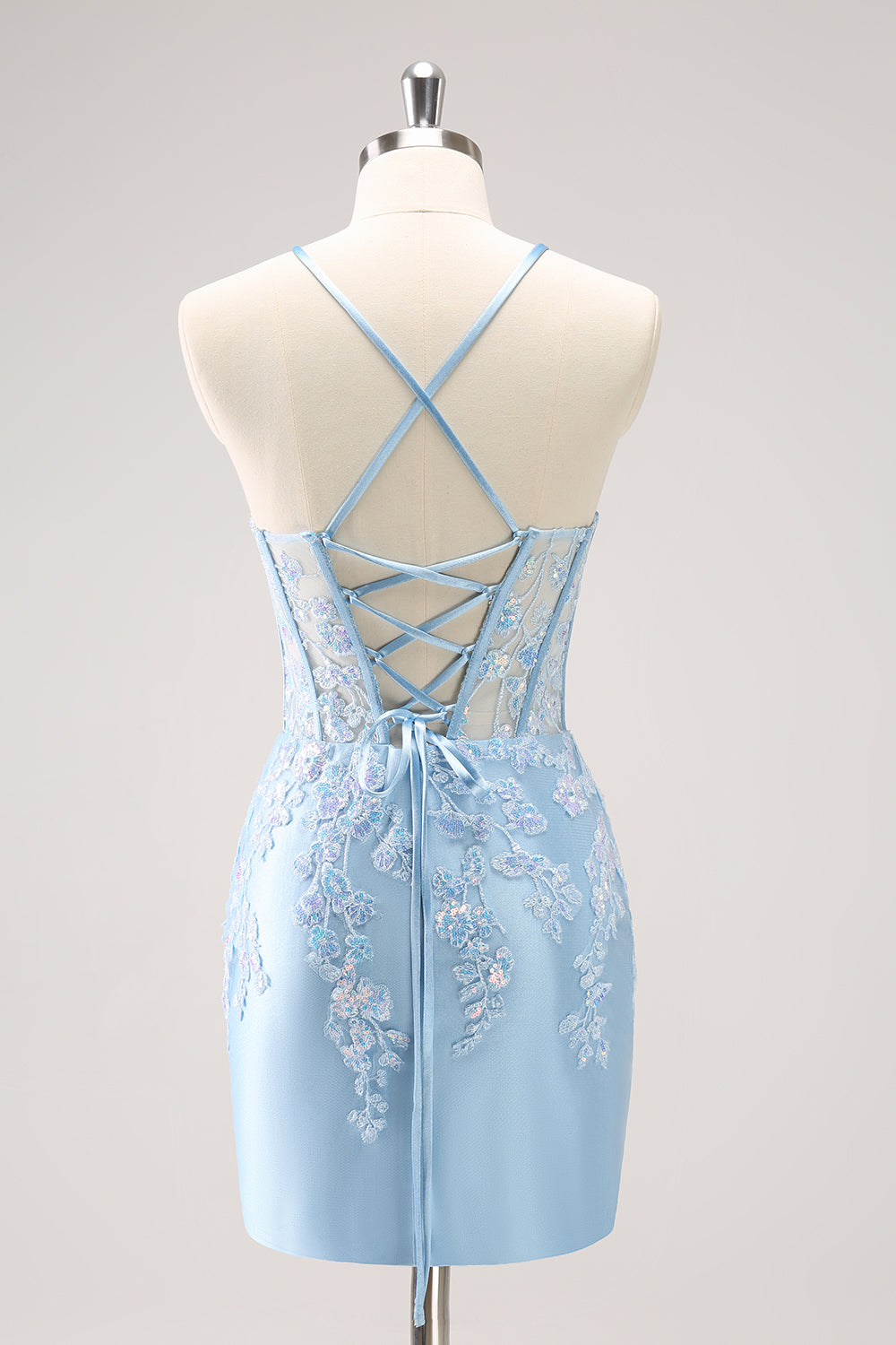 Blue Spaghetti Straps Corset Applique Tight Homecoming Dress with Sequins - Fashionpara