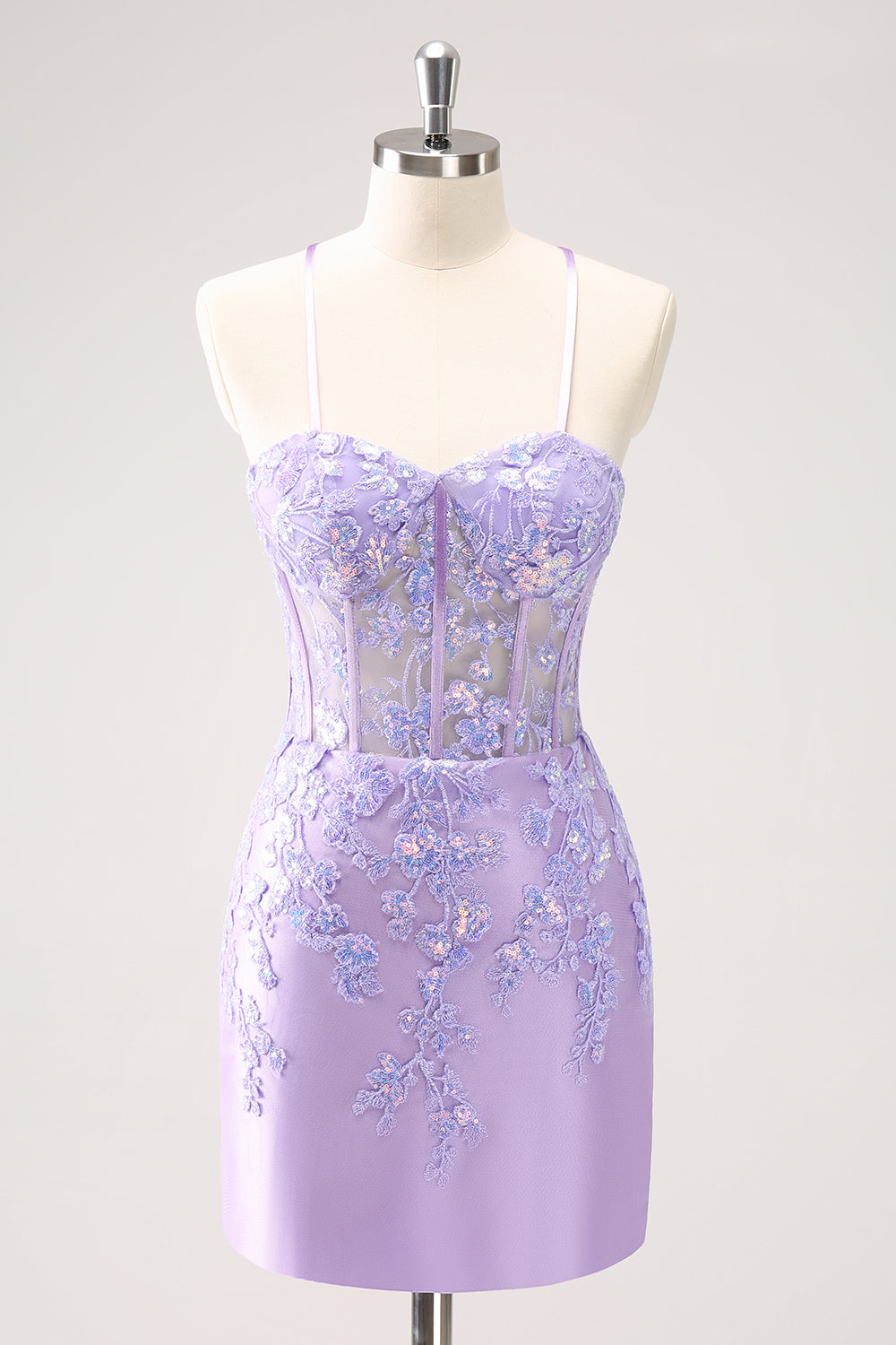 Blue Spaghetti Straps Corset Applique Tight Homecoming Dress with Sequins - Fashionpara