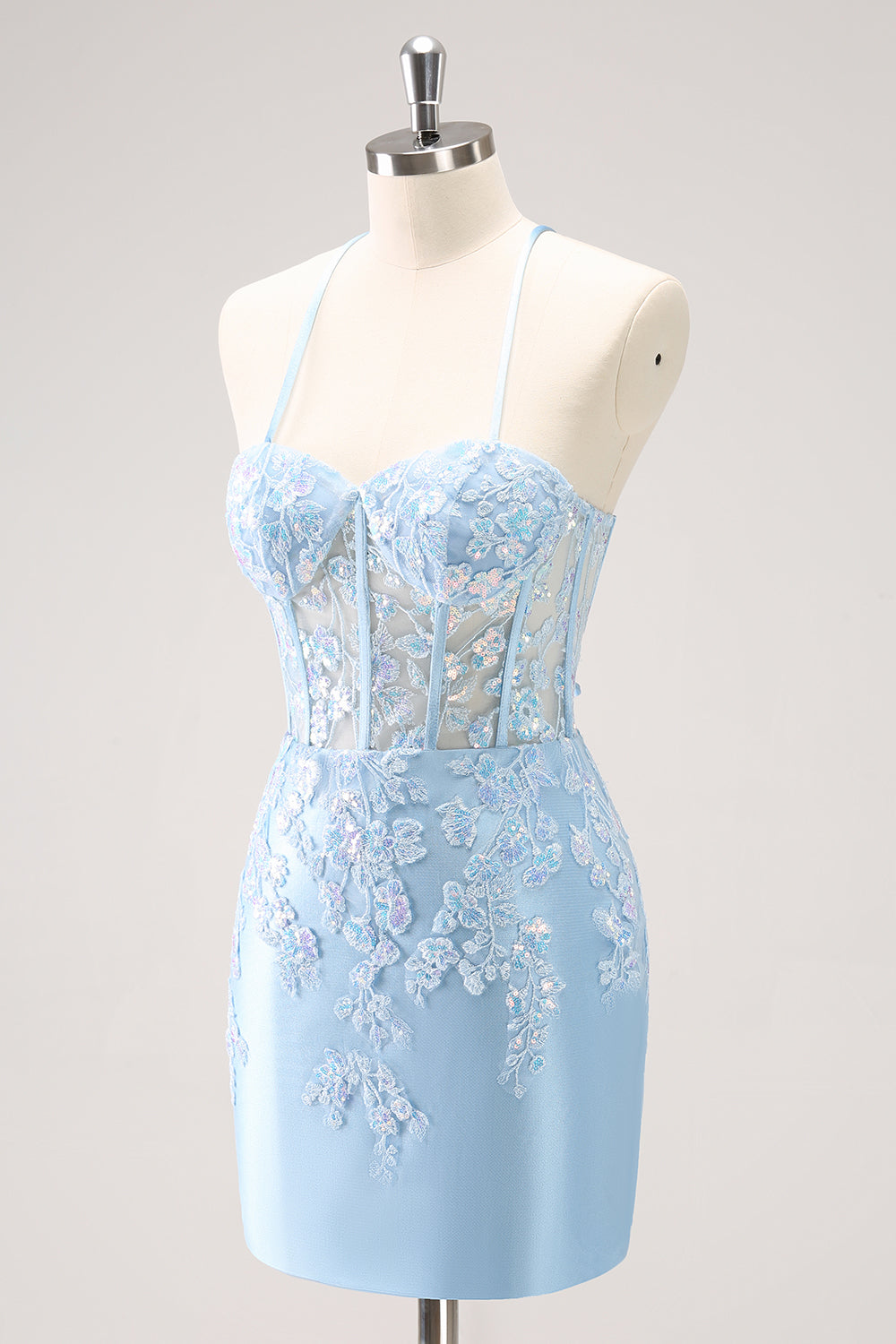 Blue Spaghetti Straps Corset Applique Tight Homecoming Dress with Sequins - Fashionpara