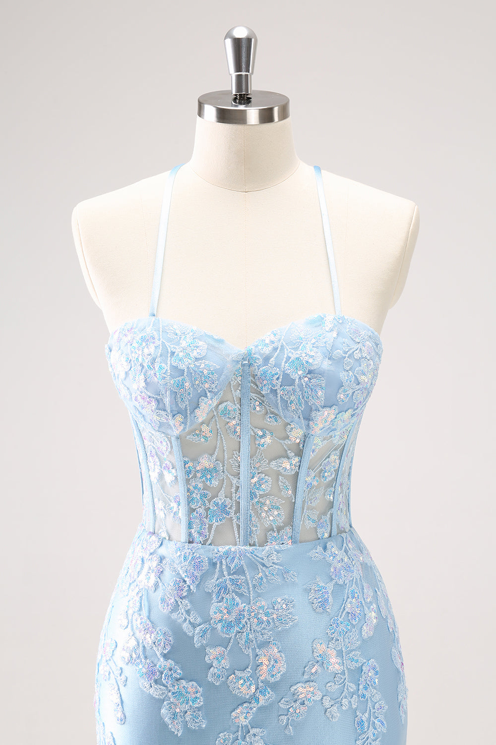 Blue Spaghetti Straps Corset Applique Tight Homecoming Dress with Sequins - Fashionpara