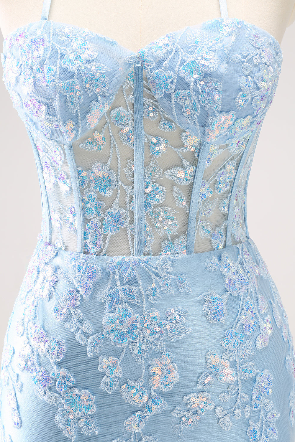 Blue Spaghetti Straps Corset Applique Tight Homecoming Dress with Sequins - Fashionpara