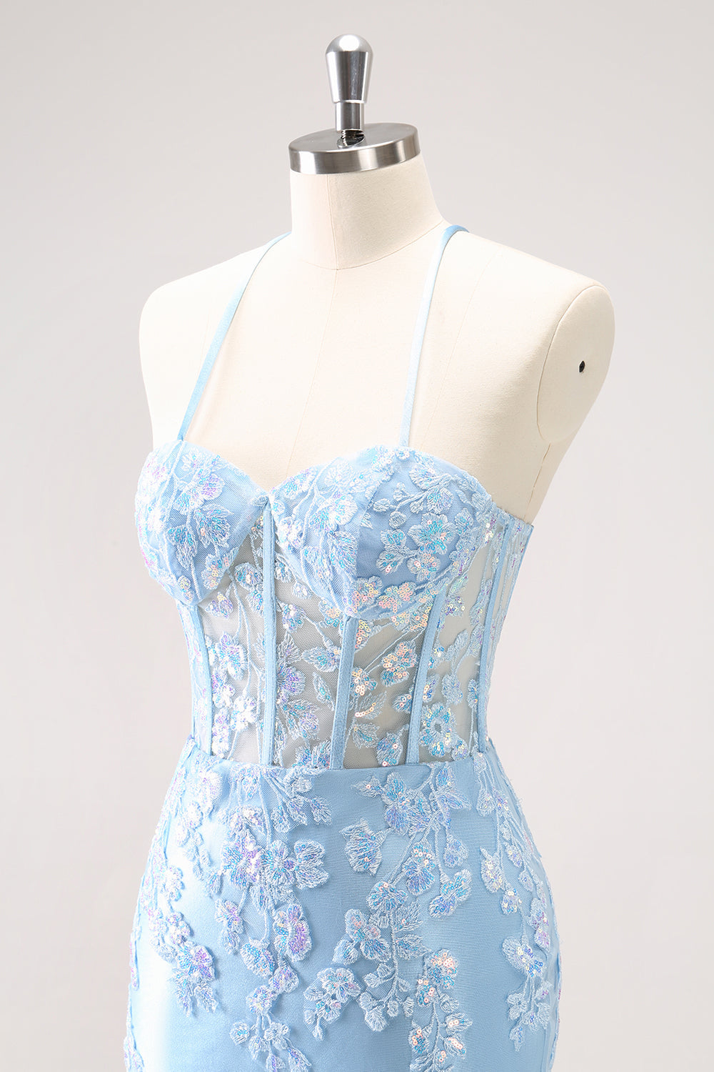 Blue Spaghetti Straps Corset Applique Tight Homecoming Dress with Sequins - Fashionpara