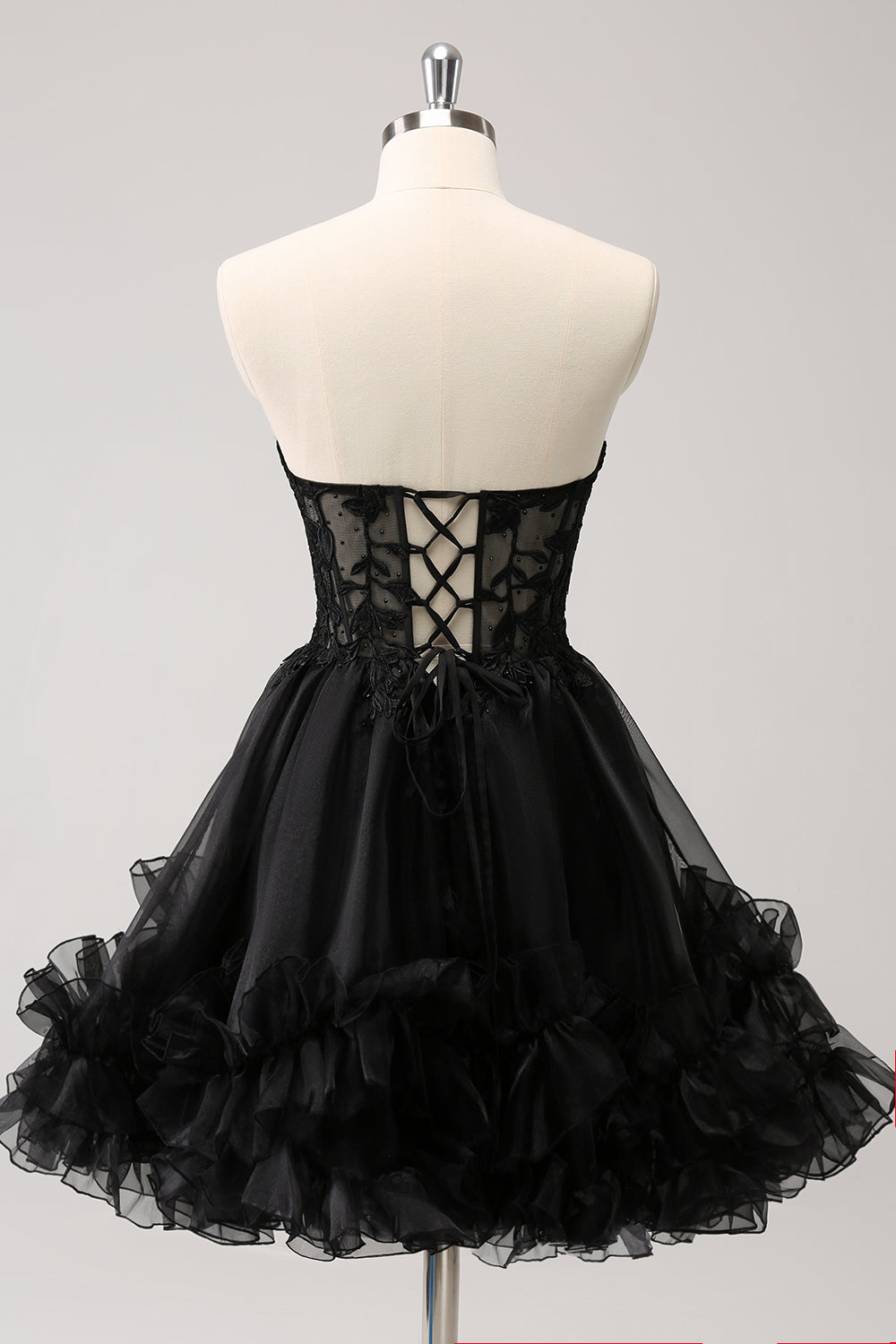 Cute Black A Line Corset Strapless Ruffled Short Homecoming Dress - Fashionpara