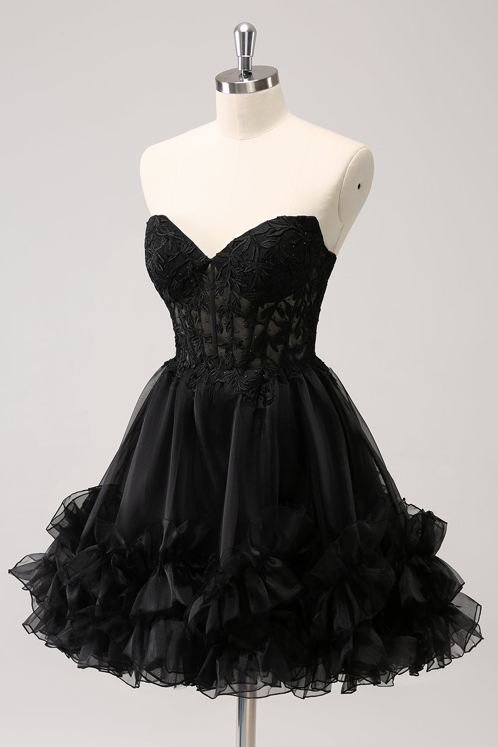 Cute Black A Line Corset Strapless Ruffled Short Homecoming Dress - Fashionpara