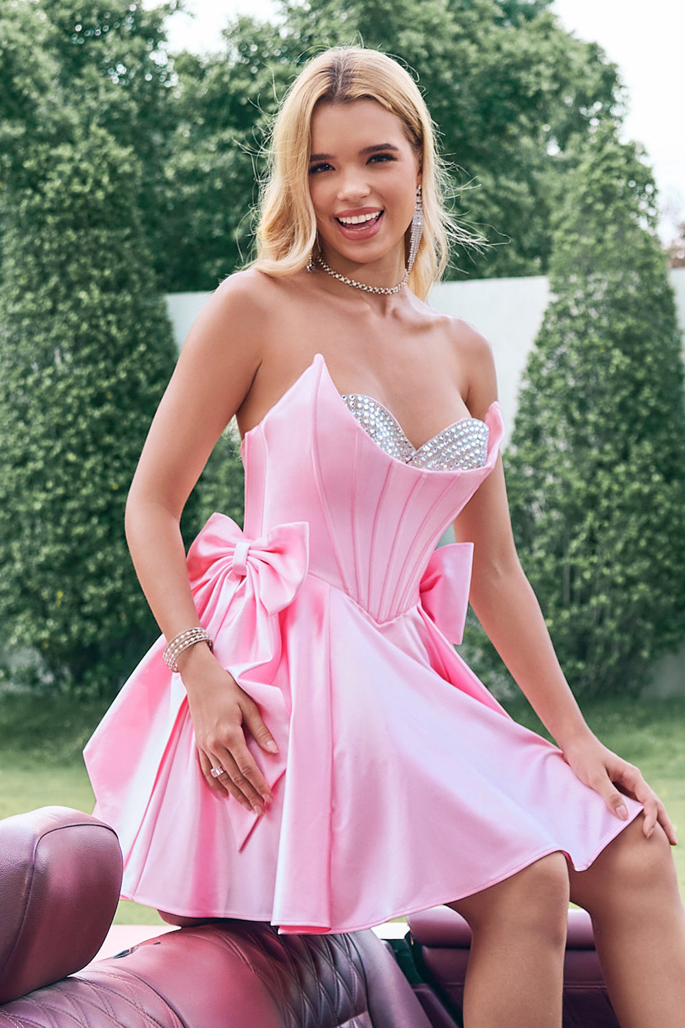 Cute Pink A Line Strapless Beaded Corset Ruffle Homecoming Dress with Bows - Fashionpara