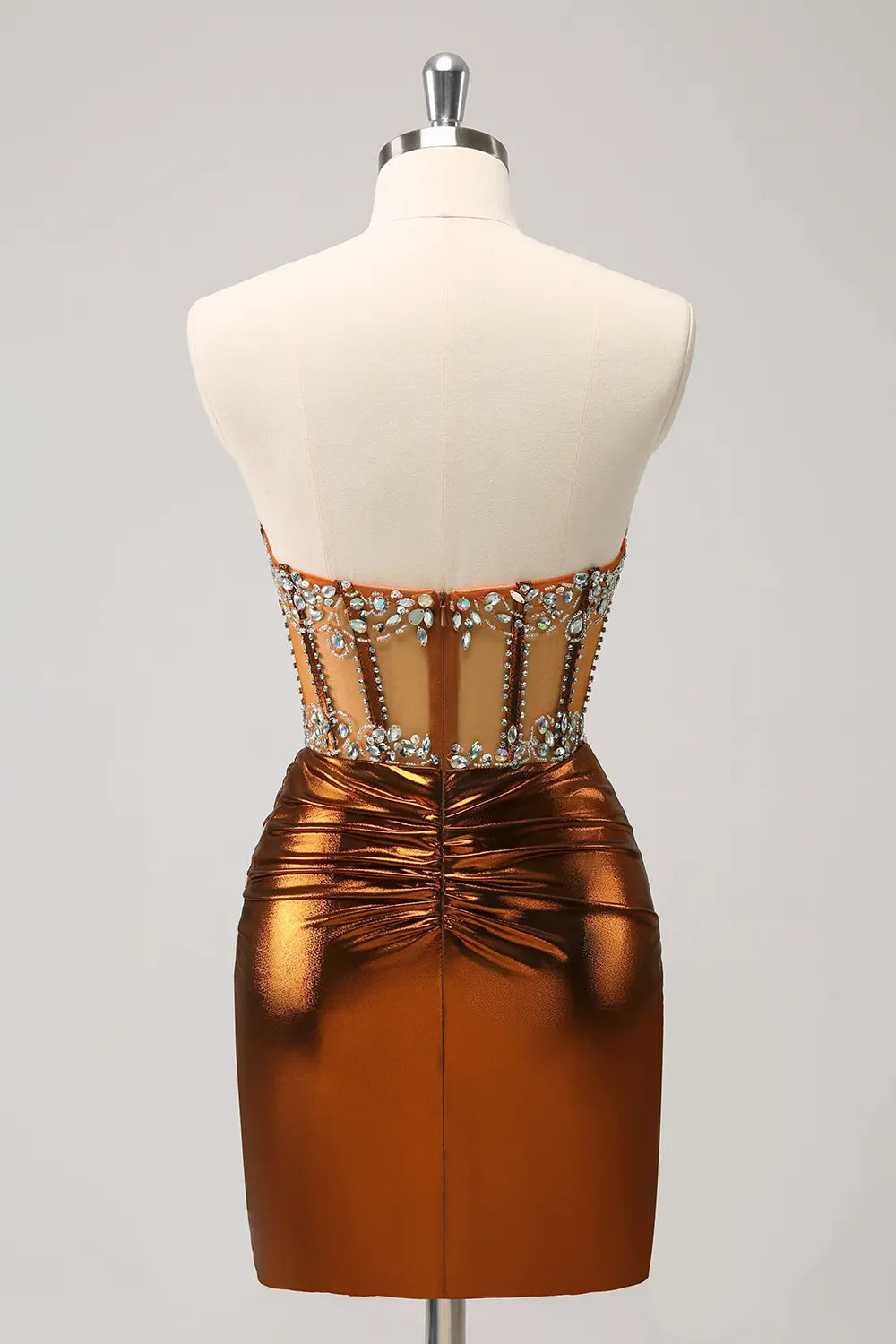 Glitter Beaded Copper Corset Pleated Strapless Short Tight Homecoming Dress - Fashionpara
