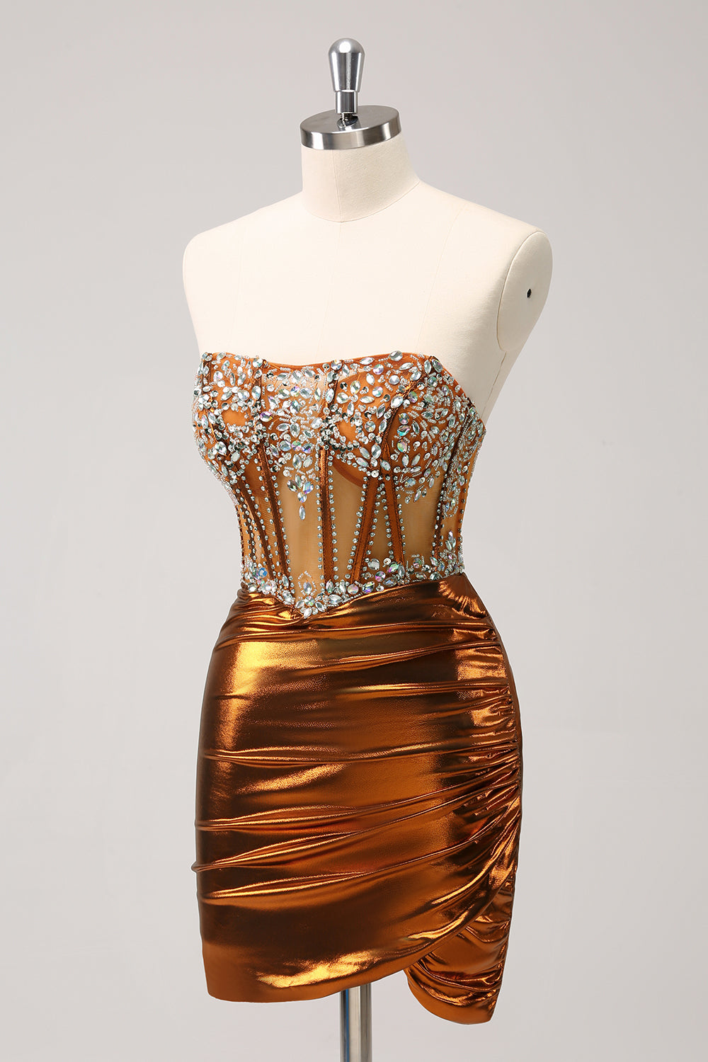 Glitter Beaded Copper Corset Pleated Strapless Short Tight Homecoming Dress - Fashionpara