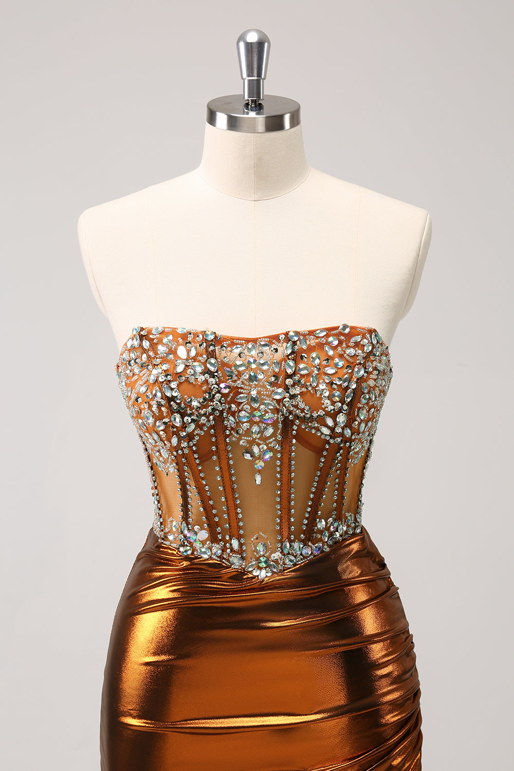 Glitter Beaded Copper Corset Pleated Strapless Short Tight Homecoming Dress - Fashionpara