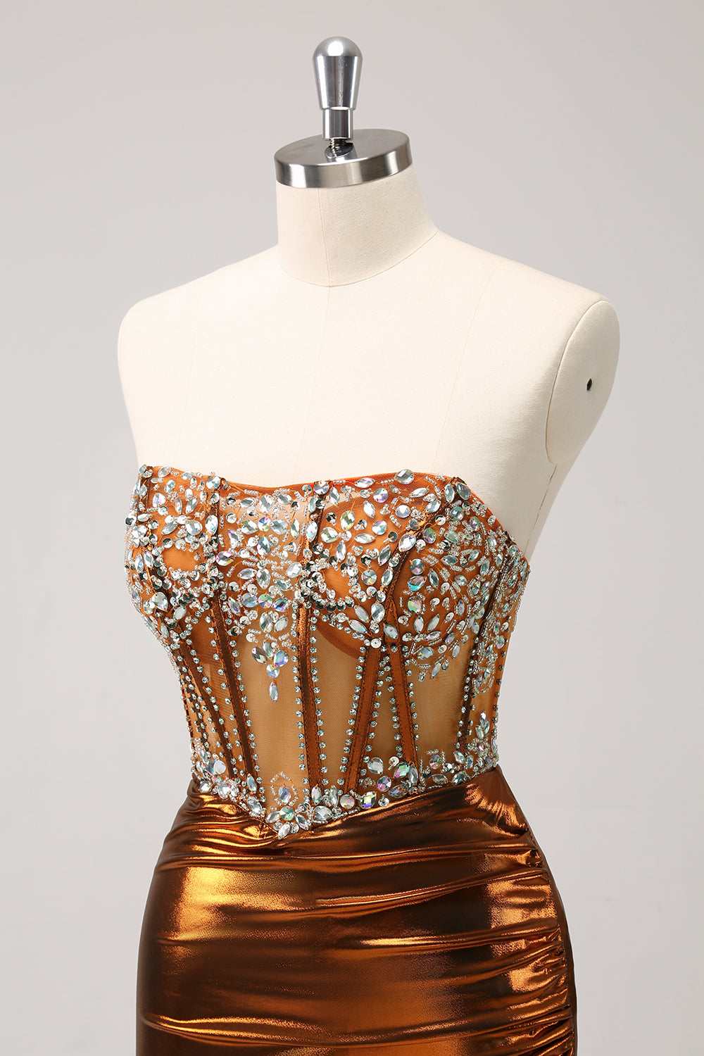 Glitter Beaded Copper Corset Pleated Strapless Short Tight Homecoming Dress - Fashionpara
