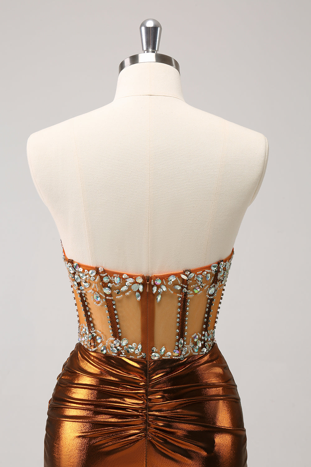 Glitter Beaded Copper Corset Pleated Strapless Short Tight Homecoming Dress - Fashionpara