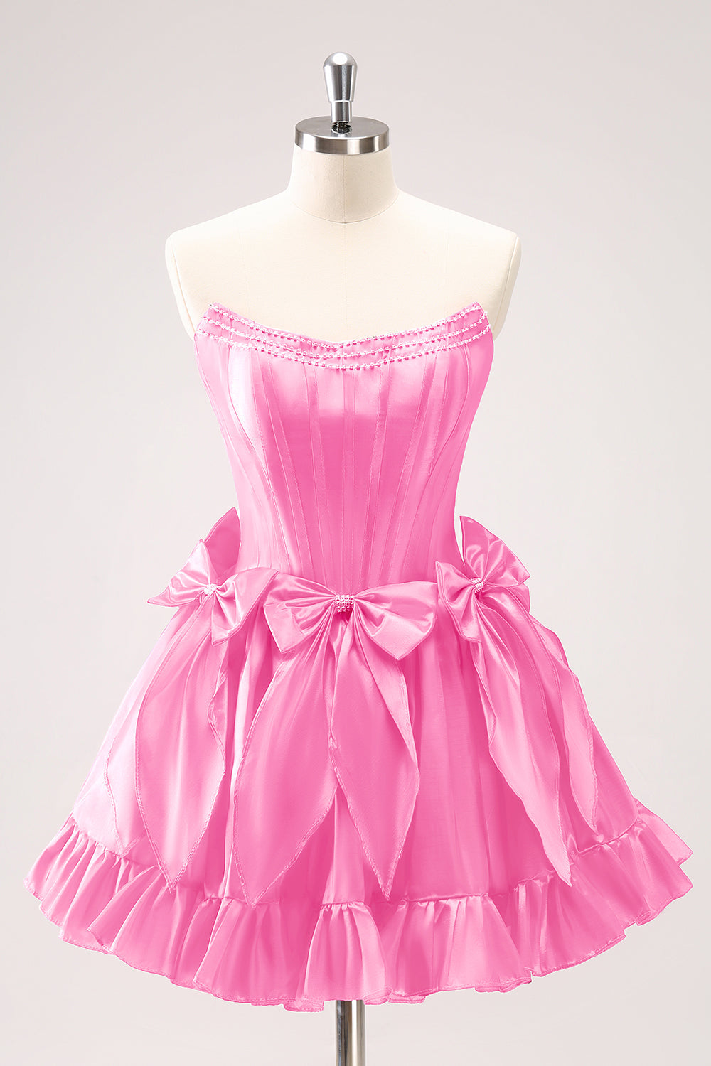 Fuchsia A Line Strapless Corset Short Homecoming Dress With Bows - Fashionpara