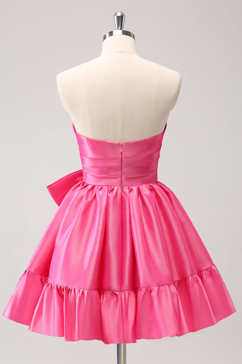 Fuchsia A-Line Strapless Ruffle Short Homecoming Dress with Bow - Fashionpara
