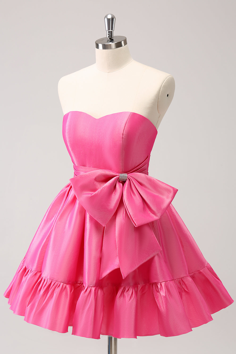 Fuchsia A-Line Strapless Ruffle Short Homecoming Dress with Bow - Fashionpara