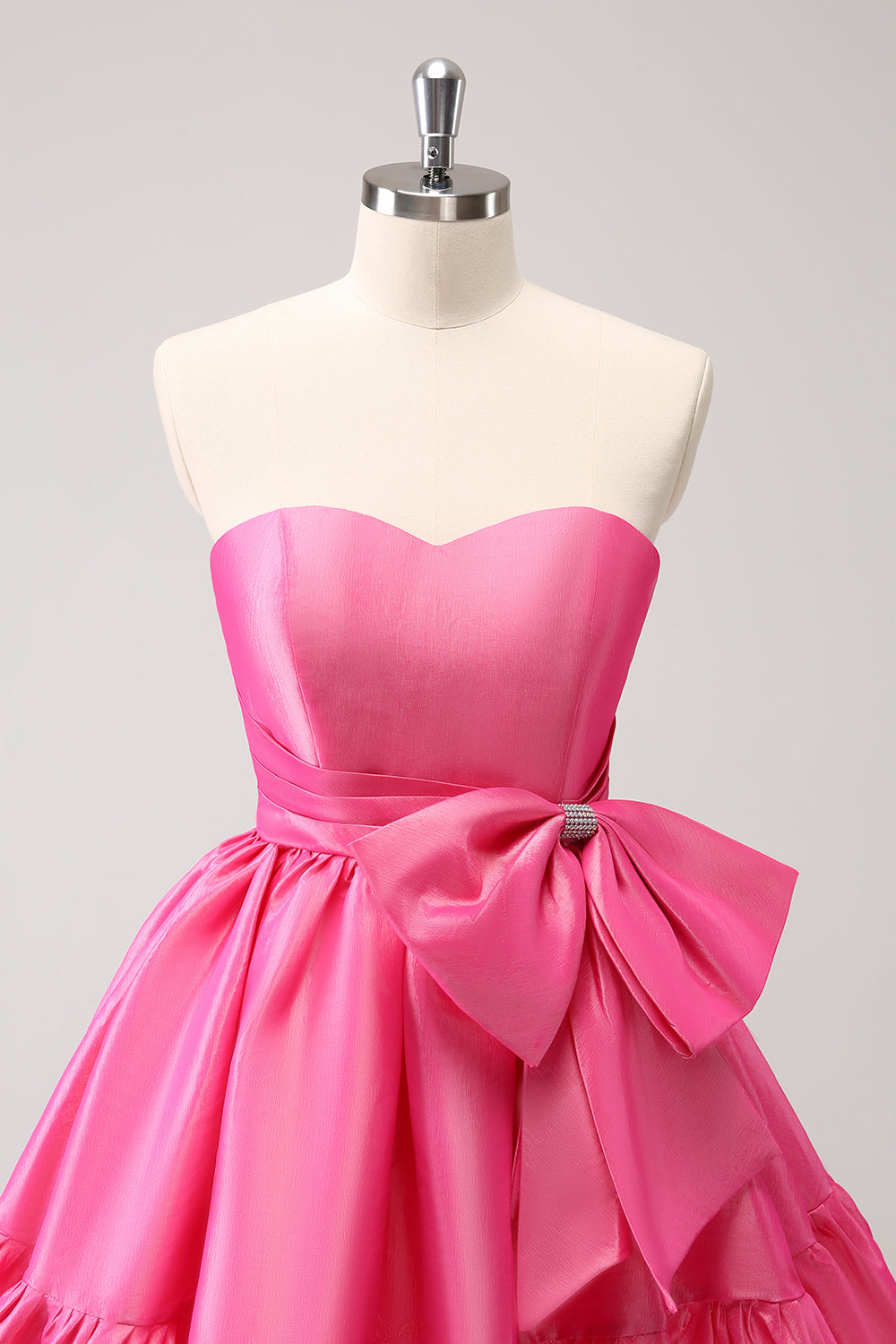 Fuchsia A-Line Strapless Ruffle Short Homecoming Dress with Bow - Fashionpara