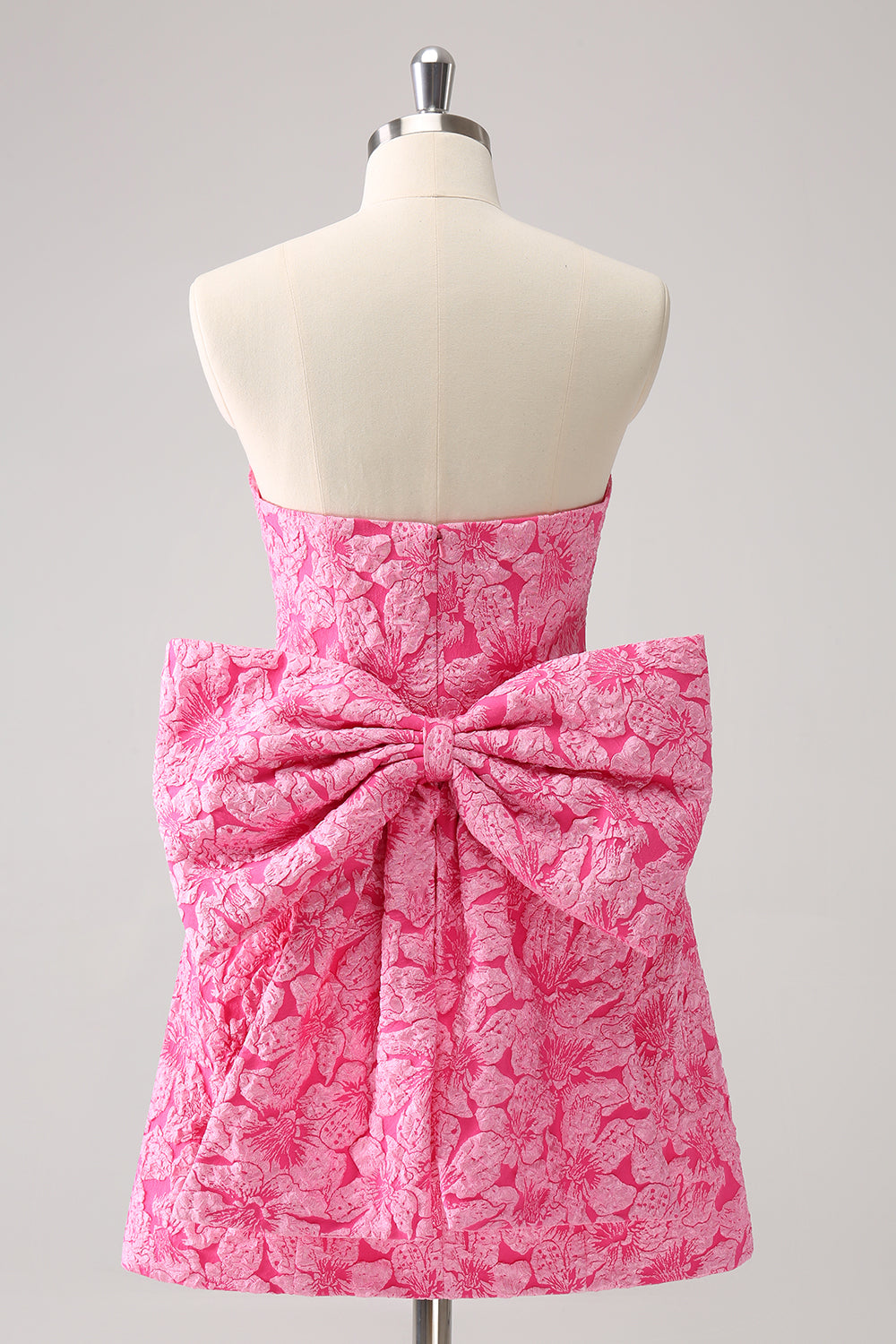 Fuchsia A Line Floral Strapless Short Homecoming Dress With Bow - Fashionpara