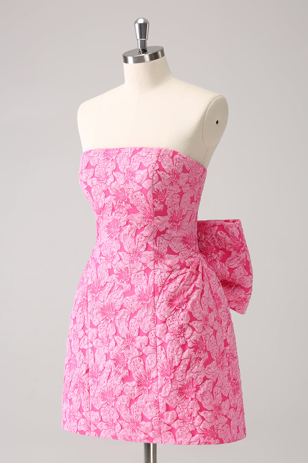 Fuchsia A Line Floral Strapless Short Homecoming Dress With Bow - Fashionpara