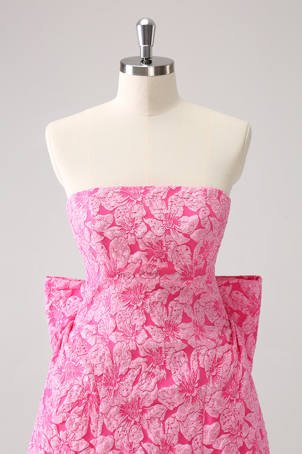 Fuchsia A Line Floral Strapless Short Homecoming Dress With Bow - Fashionpara