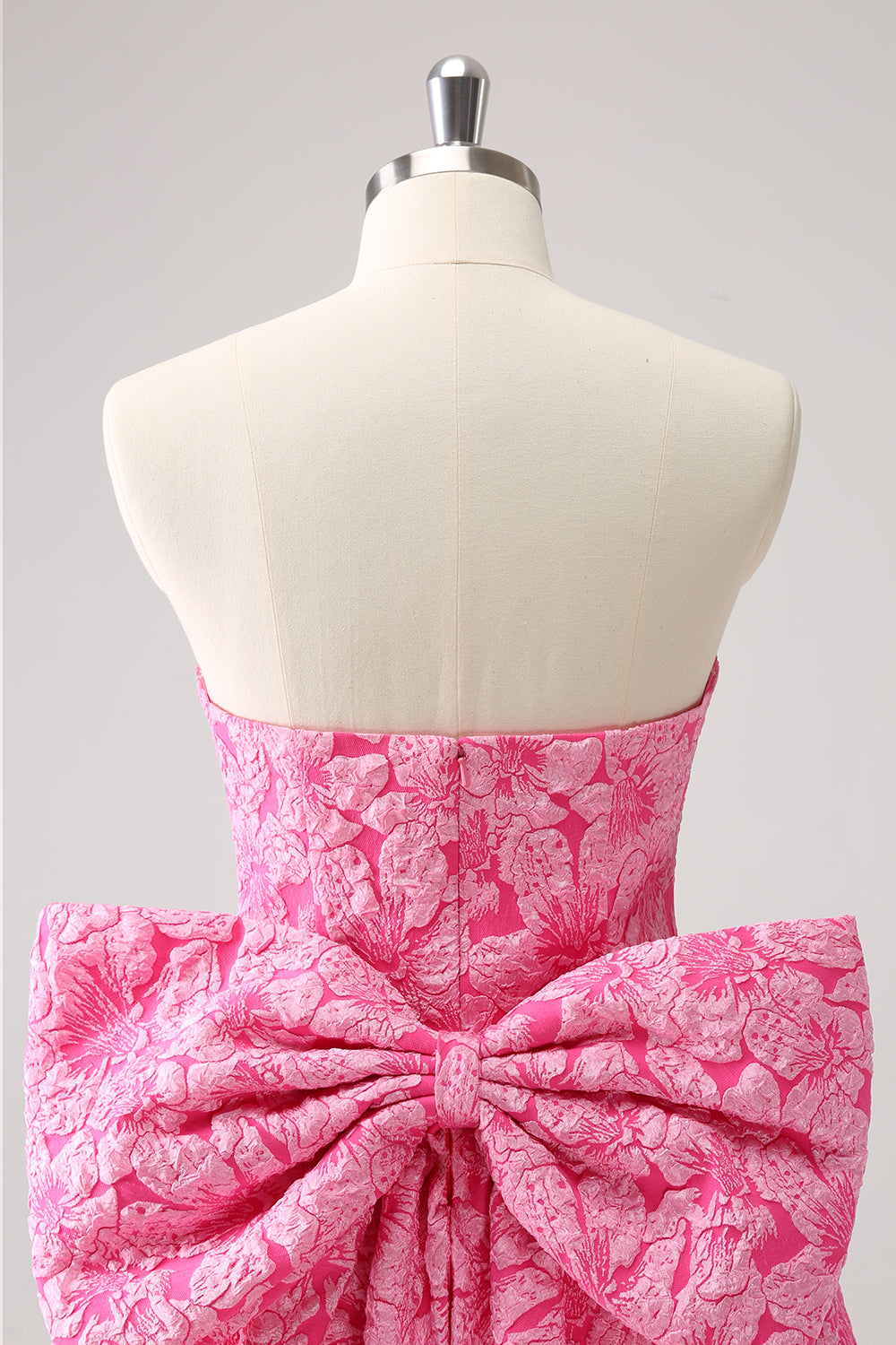 Fuchsia A Line Floral Strapless Short Homecoming Dress With Bow - Fashionpara