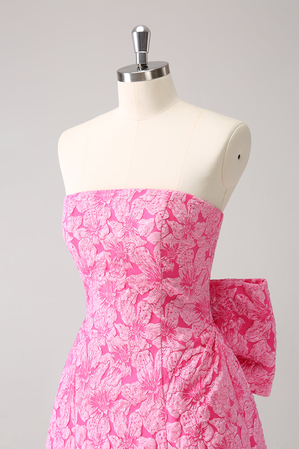 Fuchsia A Line Floral Strapless Short Homecoming Dress With Bow - Fashionpara