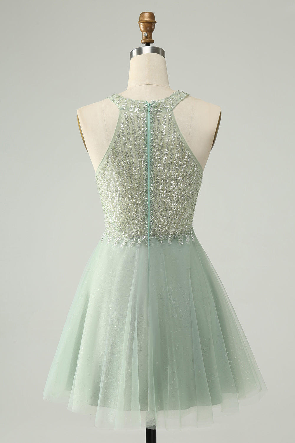 Dusty Green Halter Sequins A Line Homecoming Dress - Fashionpara