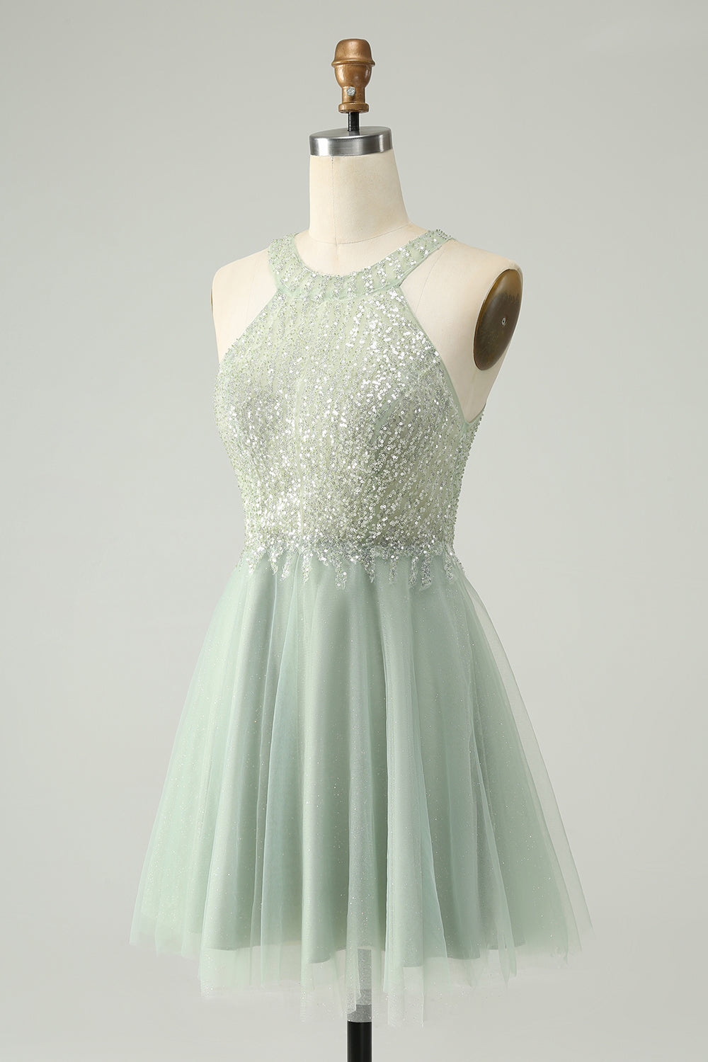 Dusty Green Halter Sequins A Line Homecoming Dress - Fashionpara