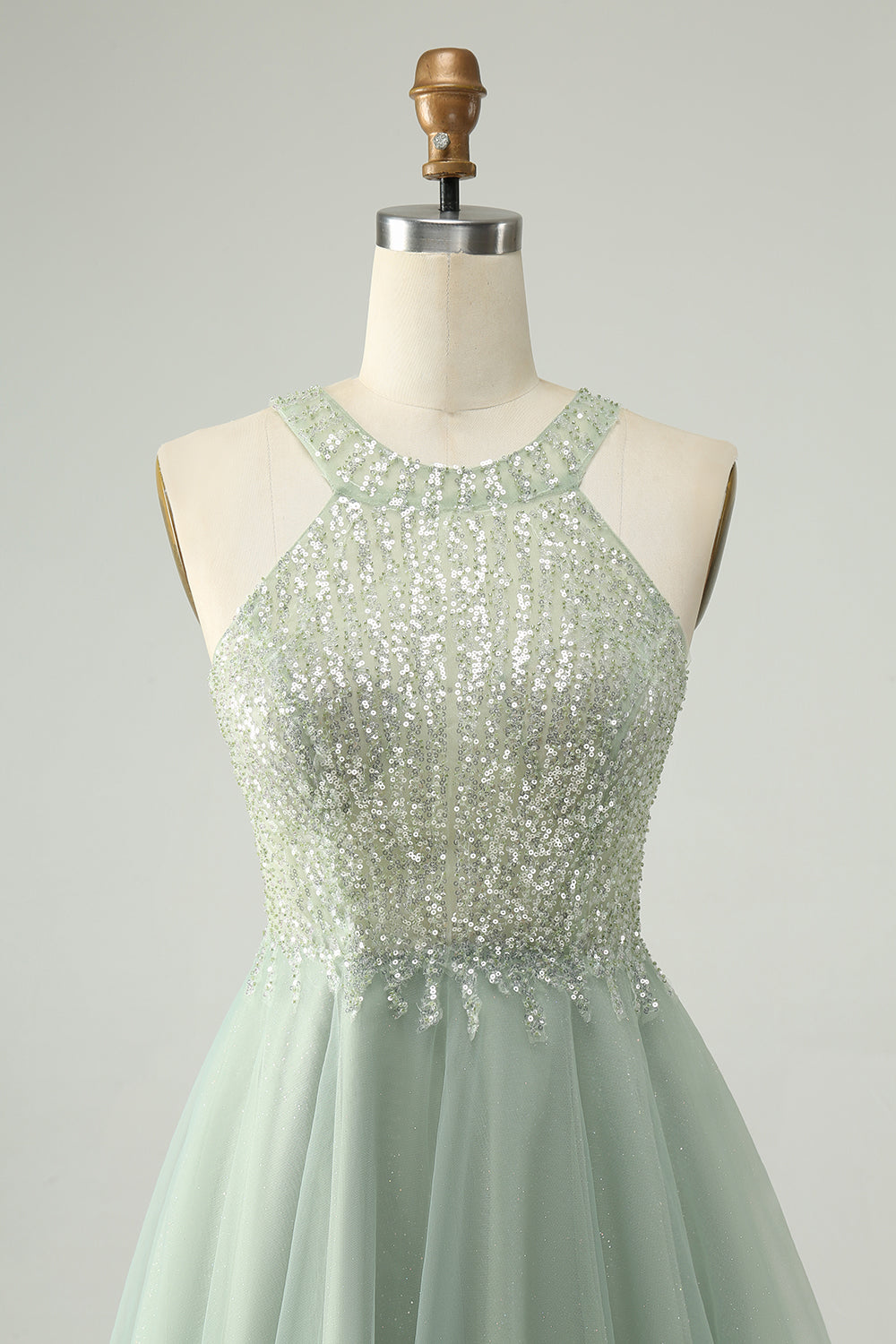 Dusty Green Halter Sequins A Line Homecoming Dress - Fashionpara