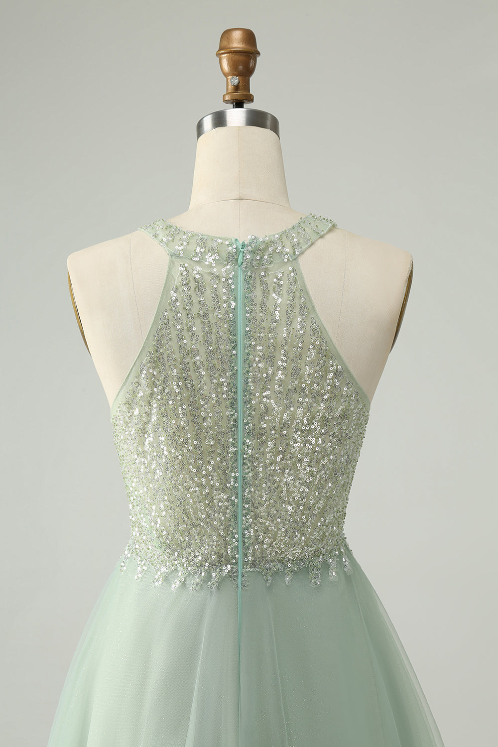 Dusty Green Halter Sequins A Line Homecoming Dress - Fashionpara