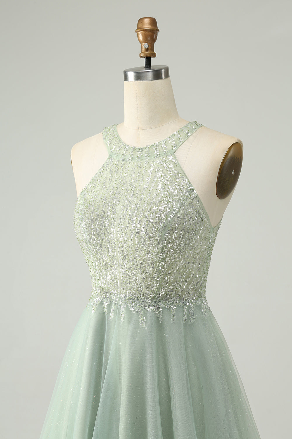 Dusty Green Halter Sequins A Line Homecoming Dress - Fashionpara