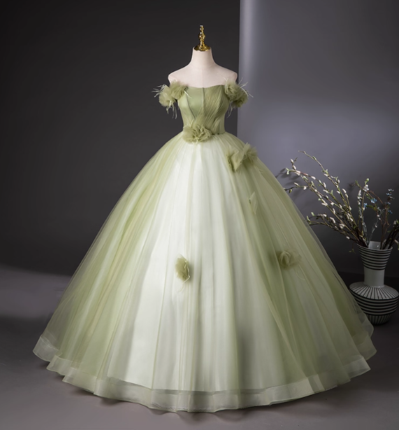 Bohemian Green Strapless Feather Floral Tulle Ball Gown Evening Dress Sweet 16 Dress P4406