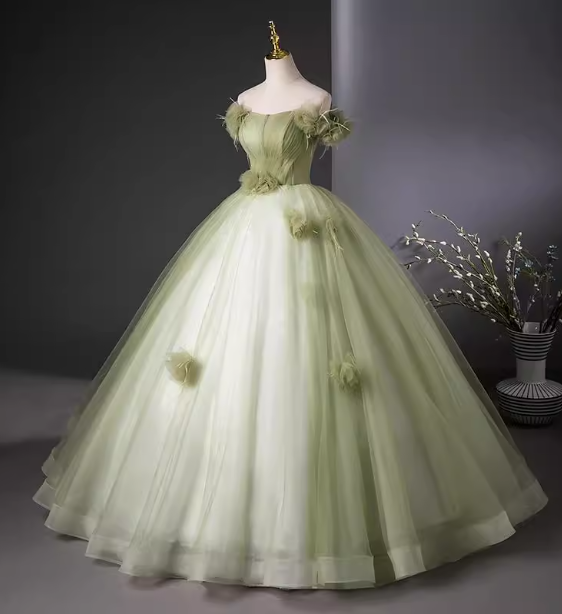 Bohemian Green Strapless Feather Floral Tulle Ball Gown Evening Dress Sweet 16 Dress P4406