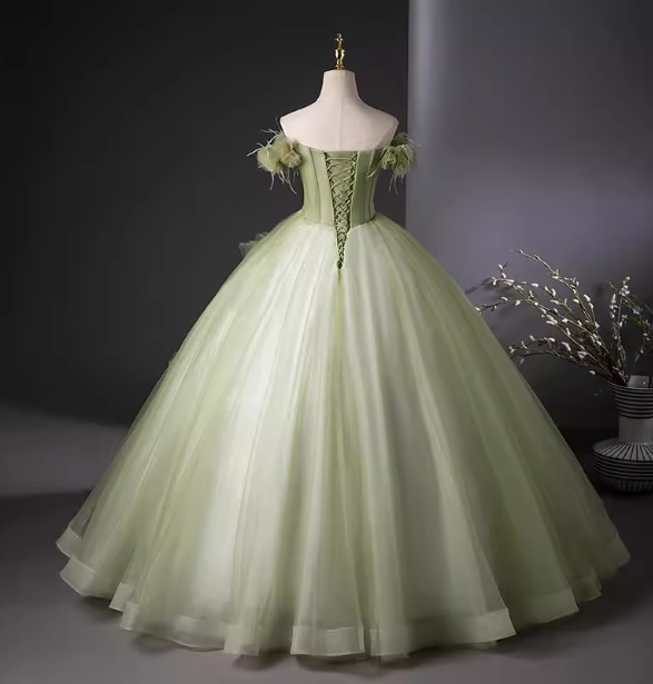 Bohemian Green Strapless Feather Floral Tulle Ball Gown Evening Dress Sweet 16 Dress P4406
