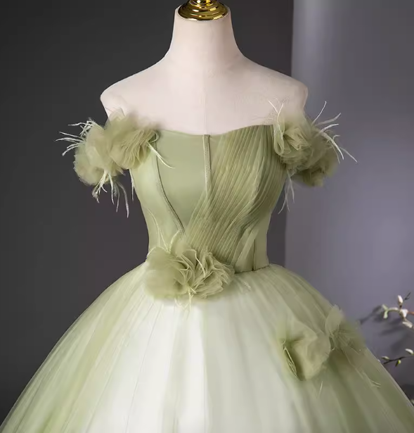 Bohemian Green Strapless Feather Floral Tulle Ball Gown Evening Dress Sweet 16 Dress P4406