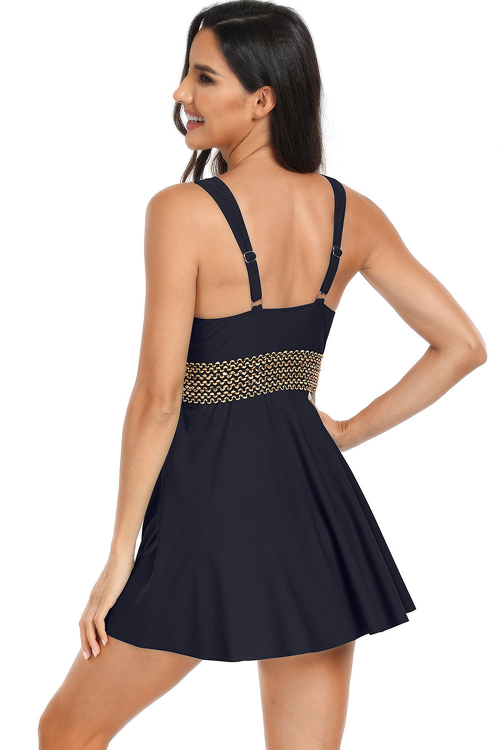 Black Color Block Tankini Set Stitched Detail Swimsuit - Fashionpara