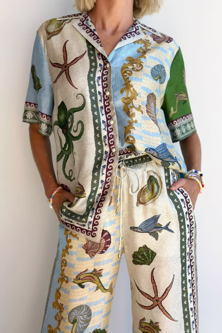 Deep Sea Dreaming Satin Unique Print Short Sleeve Shirt and Elastic Waist Pocketed Pants Set - Fashionpara