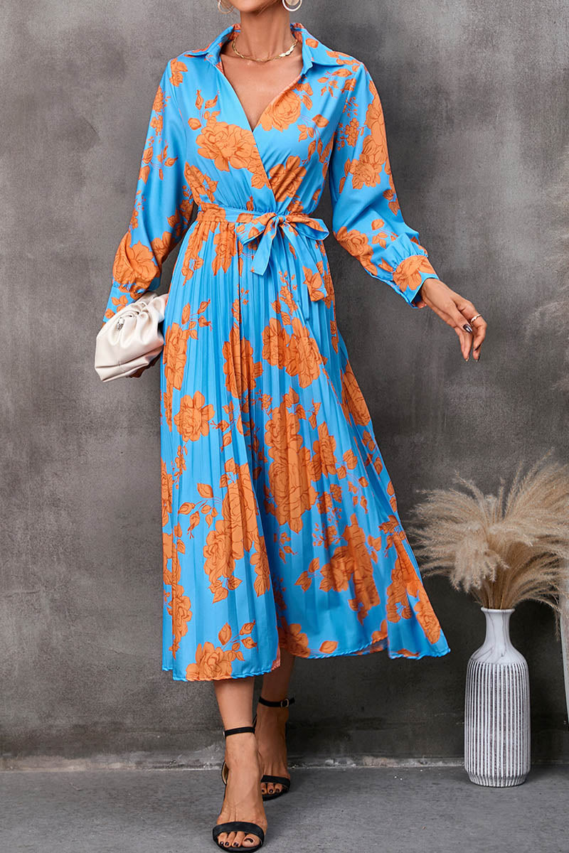 Spring and Autumn Printed Shirt V-Neck Tie Nine-Point Sleeve Midi Dress - Fashionpara
