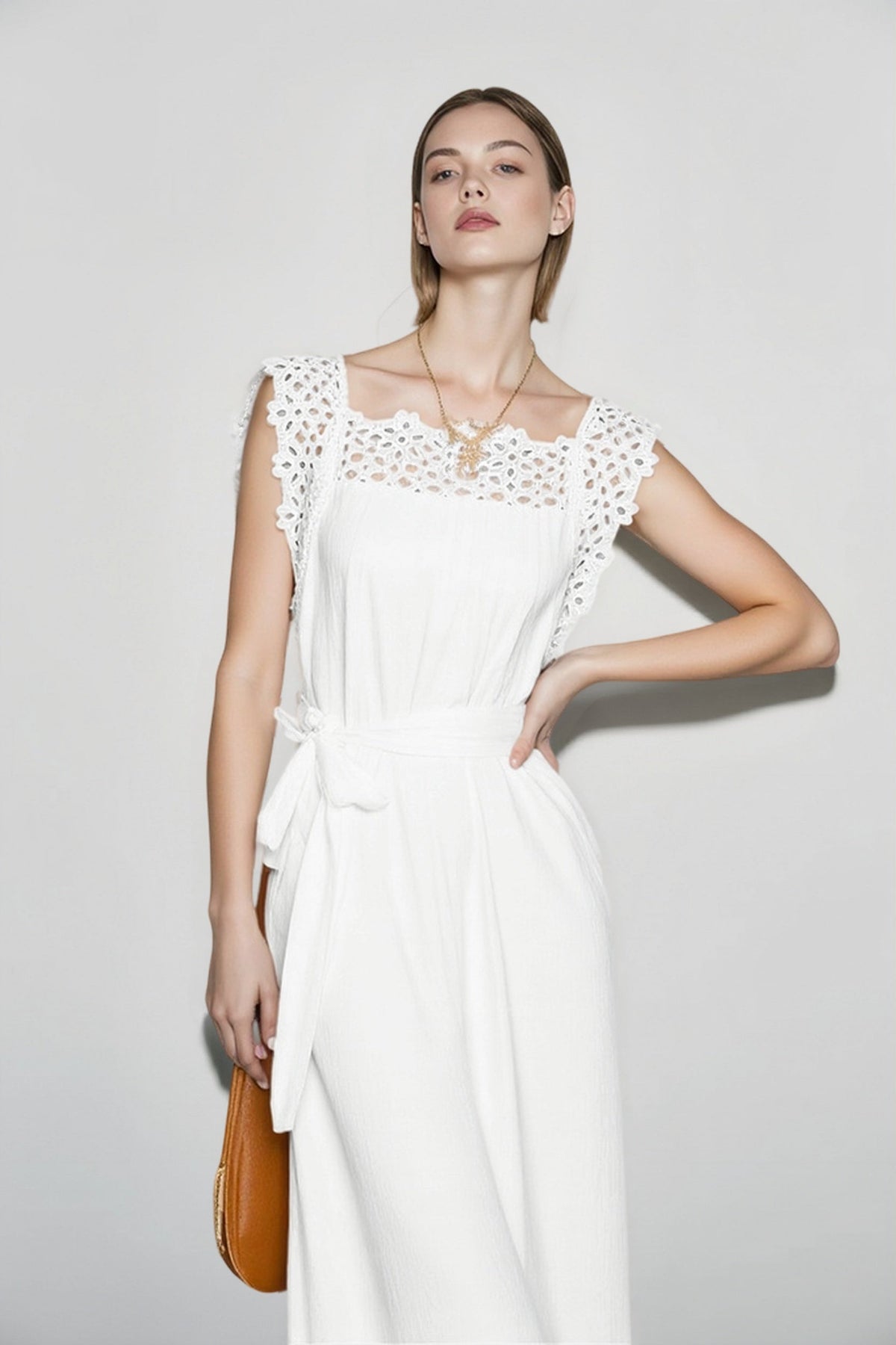 Eyelet Square Neck Belted Scalloped Midi Dress 2