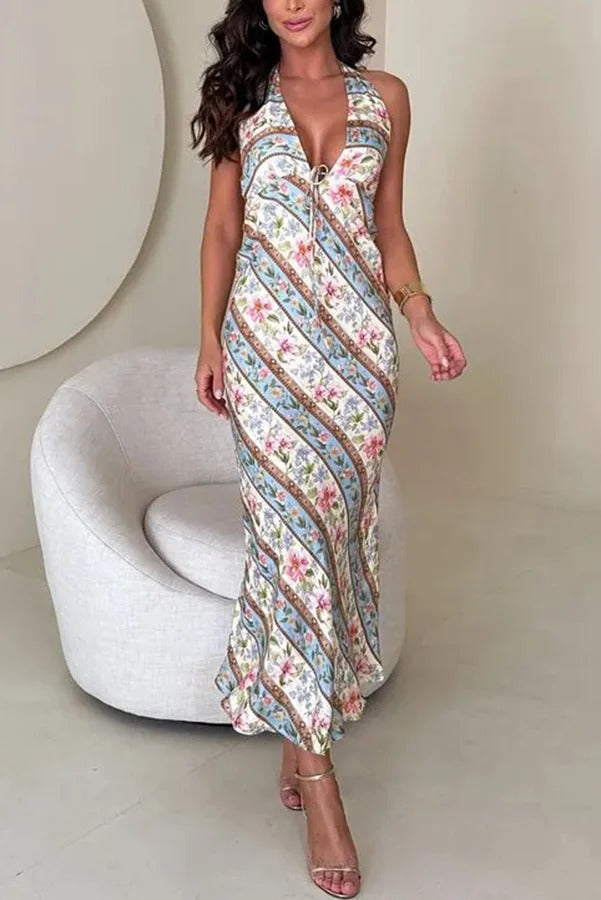 Garden Goddess Unique Colorblock Floral Print Halter Backless Maxi Dress - Fashionpara
