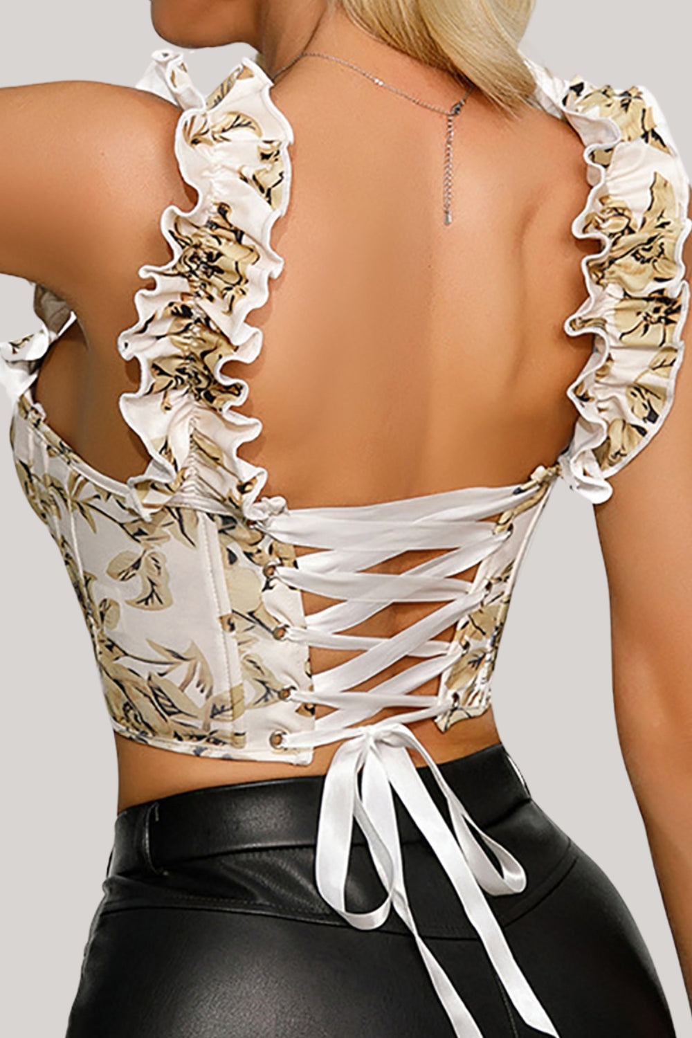 Apricot Printed Lace-up Back Corset Top - Fashionpara