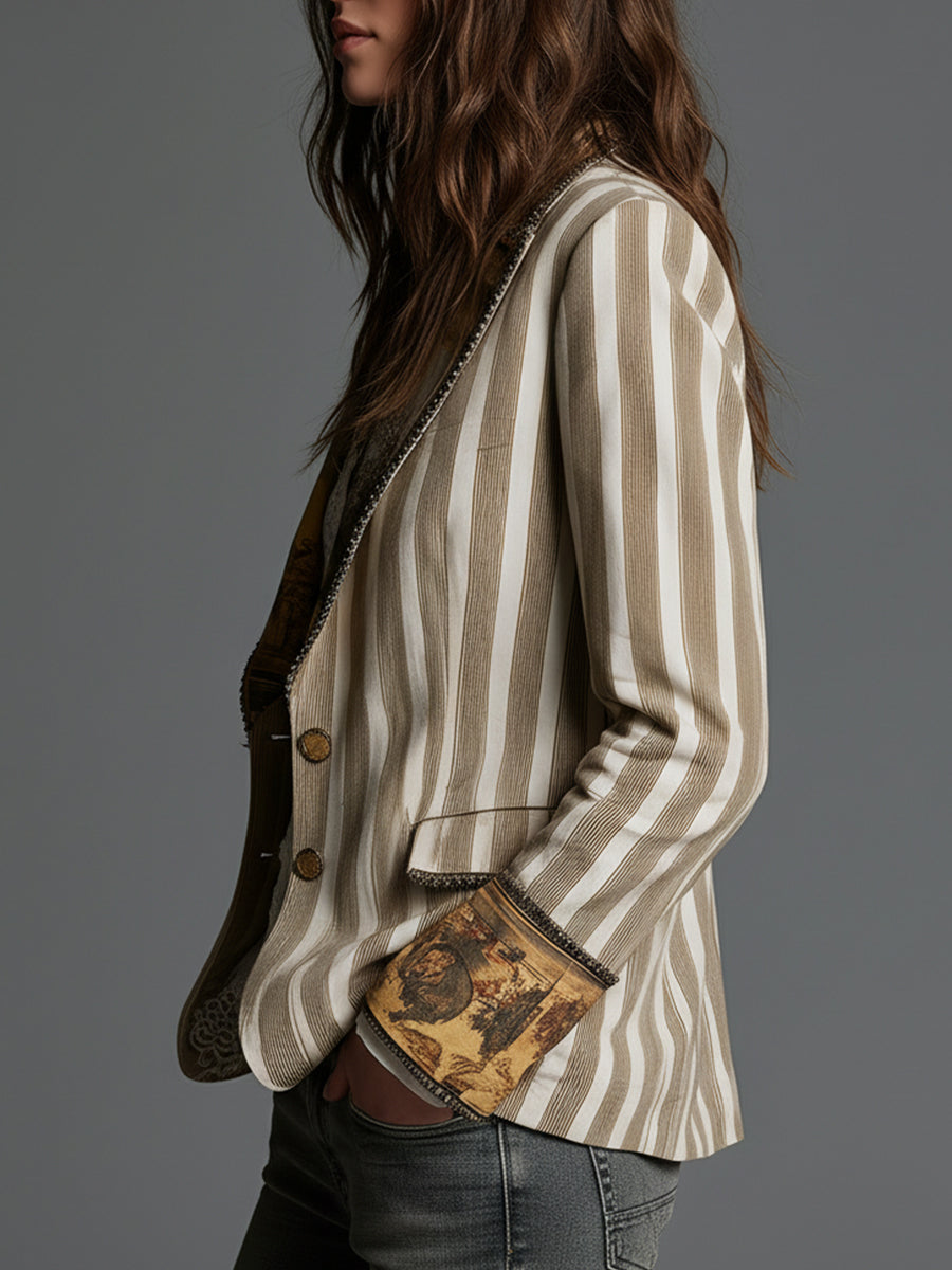 Striped Contrast Print Lapel Single Button Blazer 2