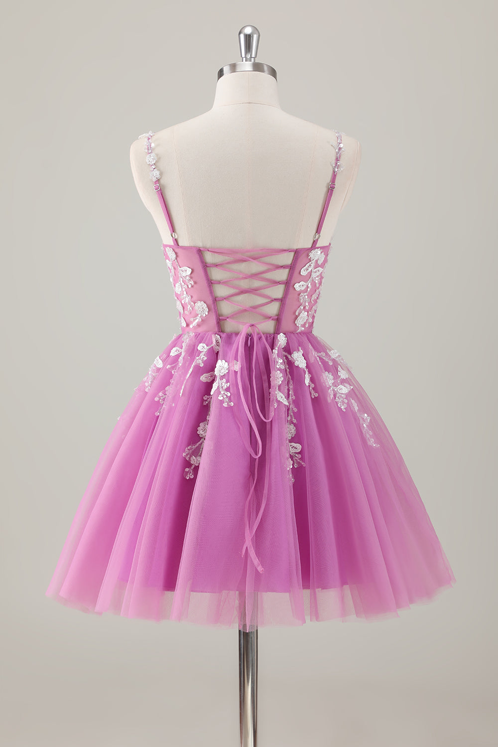 A Line Blush Spaghetti Straps Tulle Corset Sequins Homecoming Dress with Appliques - Fashionpara