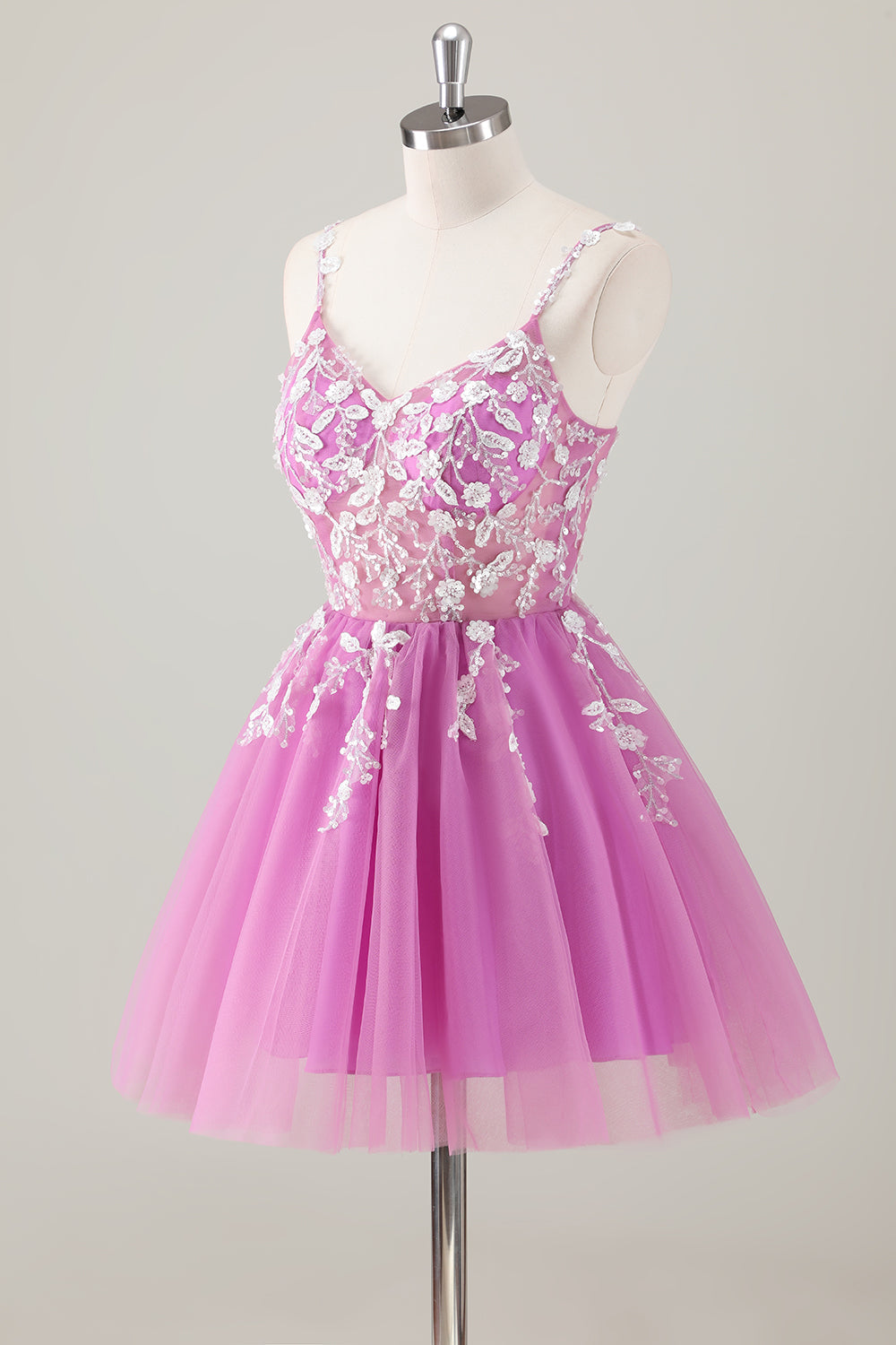 A Line Blush Spaghetti Straps Tulle Corset Sequins Homecoming Dress with Appliques - Fashionpara