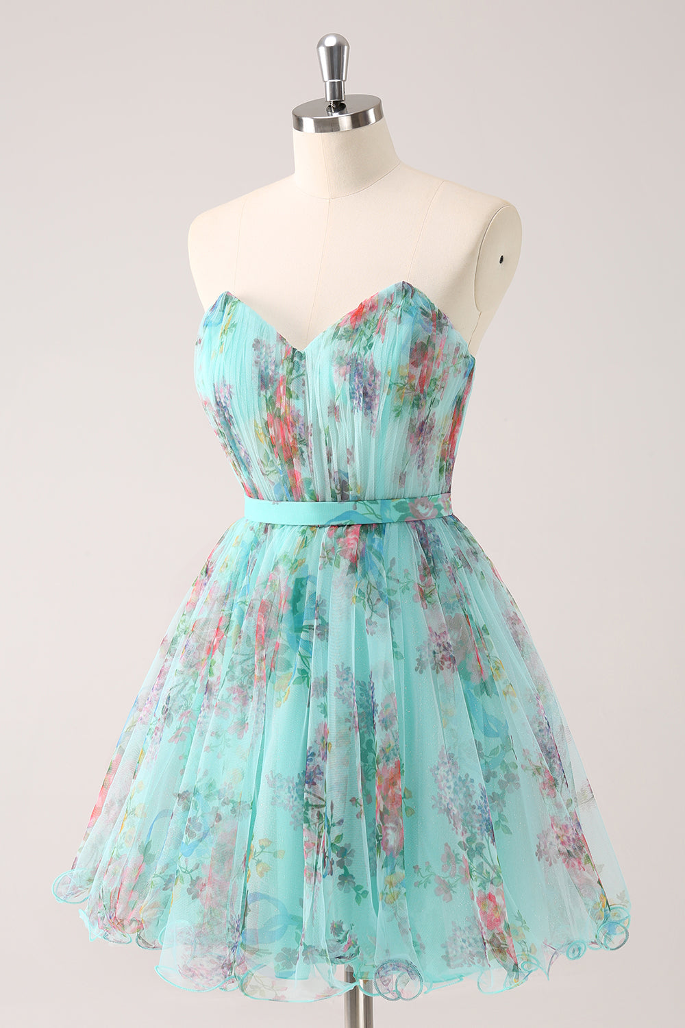 Fluffy Strapless Green Floral Short Homecoming Dress - Fashionpara