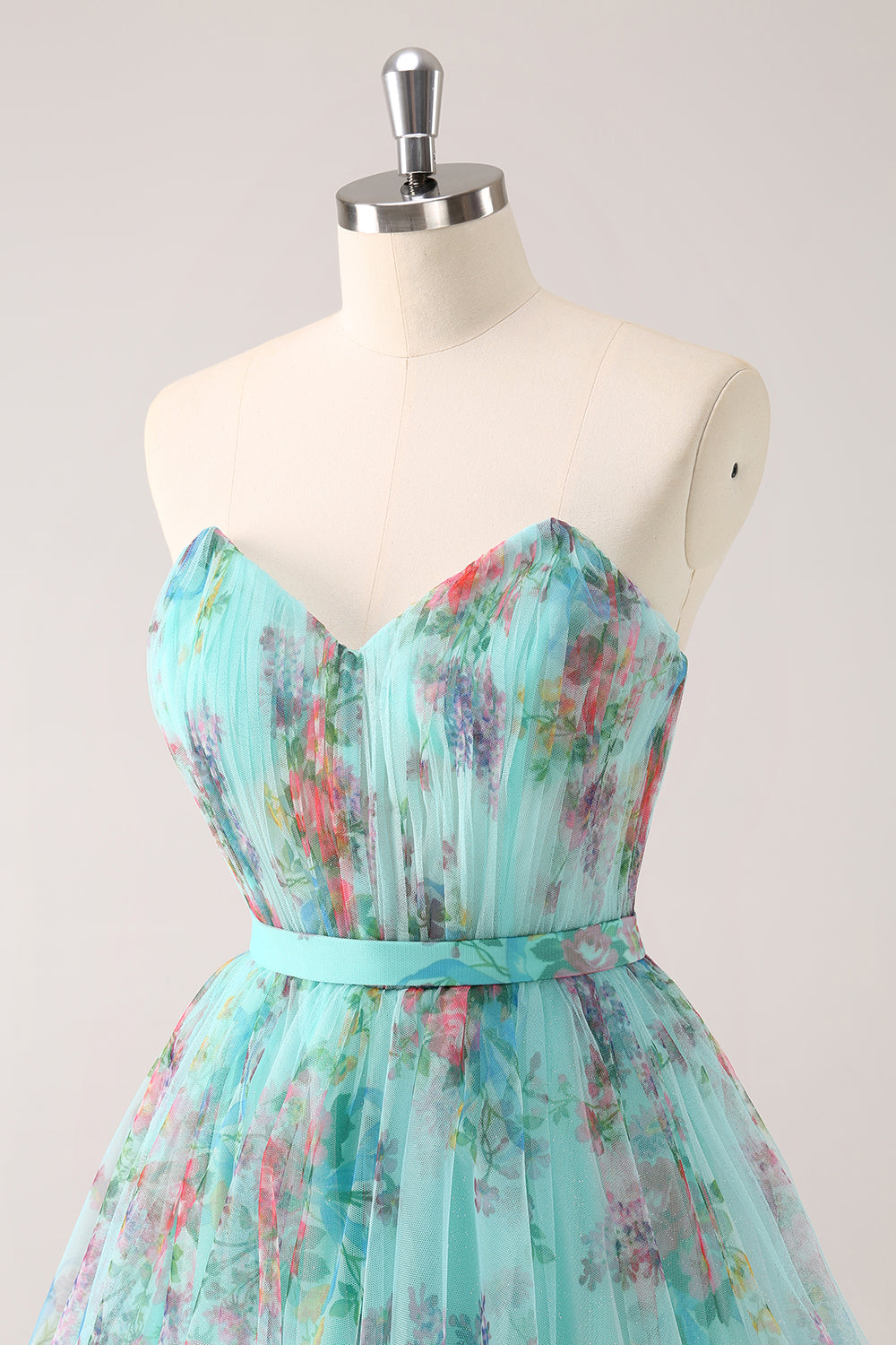 Fluffy Strapless Green Floral Short Homecoming Dress - Fashionpara