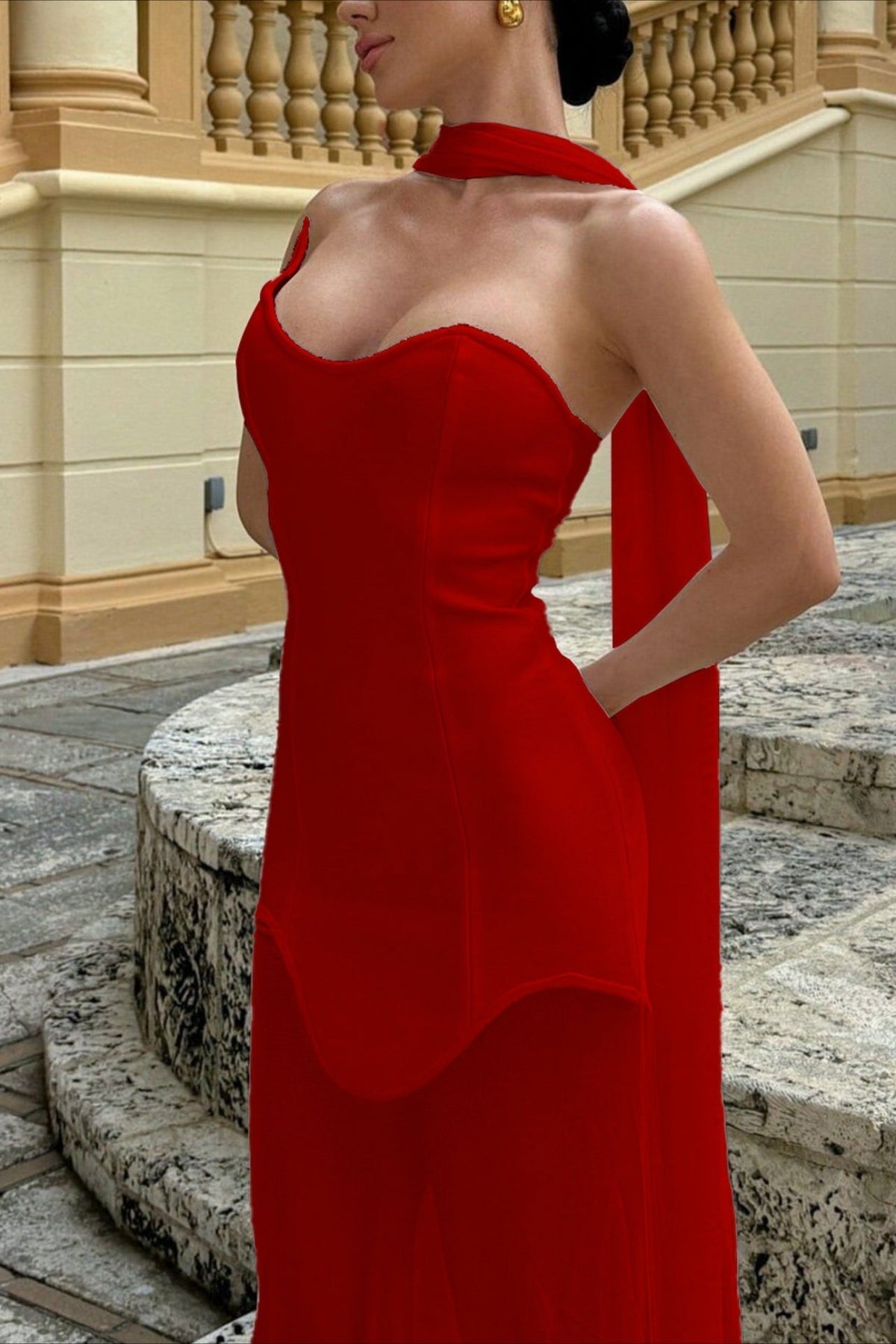 Strapless Sweetheart Scarf Bodycon Mermaid Gown - View 2