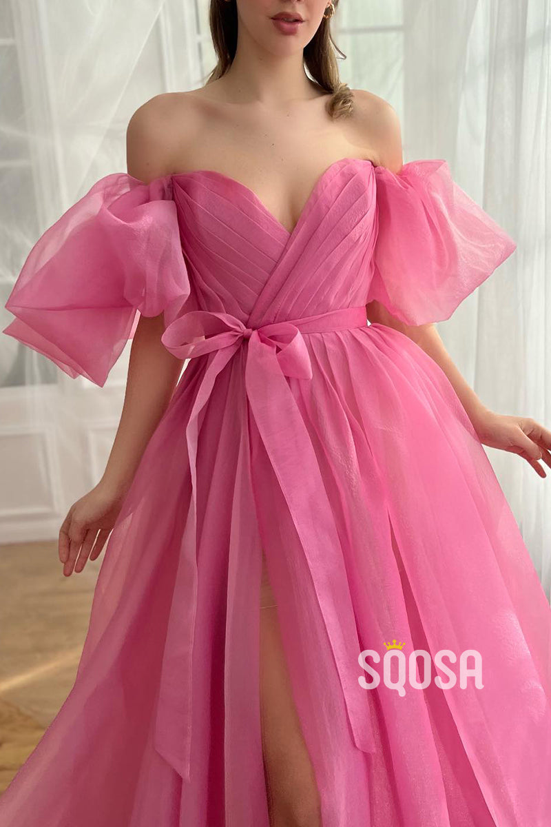 L2814 - Puff Sleeves V-Neck A-Line Tulle With Side Slit Party Prom Evening Dress - Fashionpara