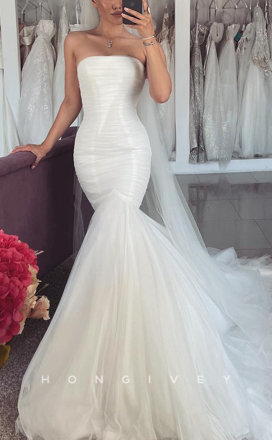 H1698 - Chic Trumpet Strapless Ruched With Tulle Train Wedding Dress - Fashionpara