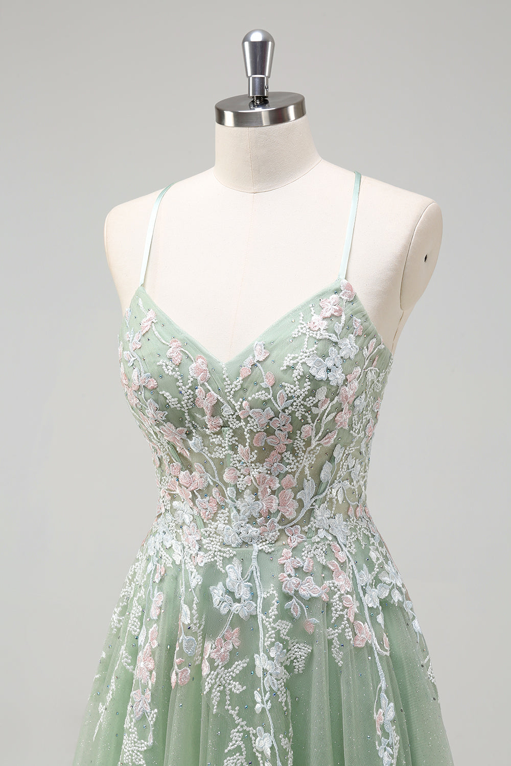 Sage A-Line Spaghetti Straps Tulle Long Prom Dress with Appliques