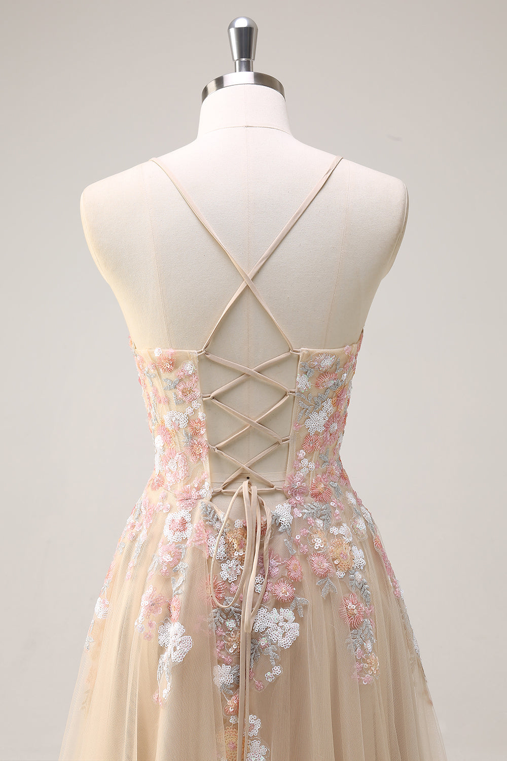 Sparkly Tulle Champagne A-Line Floral Sequin Prom Dress with Appliques